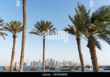 Doha, Katar - 30. September 2025: Hohe Palmen stehen am Ufer der Doha Corniche und blicken auf traditionelle Dhow-Boote. Stockfoto