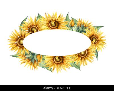Sonnenblumenellipsenkranz in Aquarellfarben. Handgemalte Blumenrahmenillustration von gelben Blumen, grünen Blättern. Vorlage mit Kopierbereich isoliert von Stockfoto