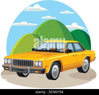 Alte gelbe Limousine parkt in einer malerischen Landschaft mit grünen Hügeln und blauem Himmel. Stock Vektor