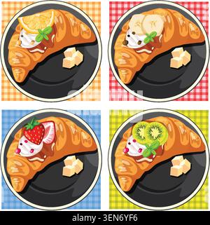Vektor-Illustration von Croissants mit Schlagsahne, verschiedenen Früchten und Zuckerwürfeln auf Tellern Stock Vektor