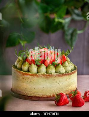 Matcha-Kuchen aus grünem Tee, dekoriert mit Paspelcremewirbeln, frischen Erdbeerhälften und grünen Blättern. Stockfoto