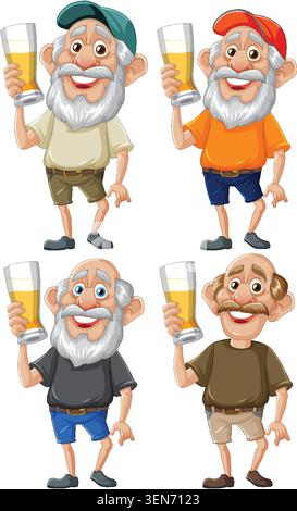 Vier fröhliche ältere Männer mit Bier, legere Kleidung, Cartoon-Stil, weißem Hintergrund, hellen Farben Stock Vektor