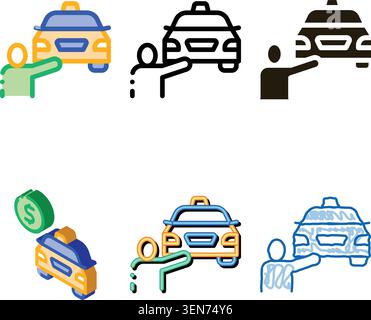 Pack Human Hitch-Hiking Online Taxi Symbol Vektor dünne Linie. Kontur Stock Vektor