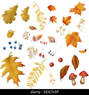 Blätter, Eicheln, Pilze und Beeren, Herbstset. Aquarellabbildung. Die Zeichnung des Herbstwaldes ist handgezeichnet, isoliert auf weißem Hintergrund Stockfoto