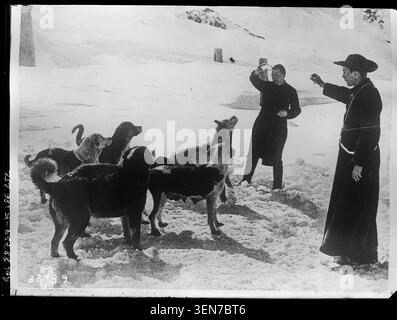 Mönche am Großen Heiligen Bernhard passieren 1923 Zughunde. Das Pressefoto verbindet christliche Mönche, Hunde und Hundezüchter in Grand-Saint-Bernard und dokumentiert Aktivitäten im Zusammenhang mit dem berühmten Berghospiz. Stockfoto
