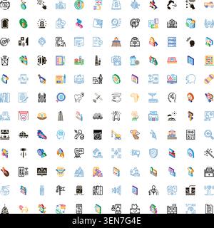Große Sammlung von farbenfrohen Linien-Art-Symbolen, die verschiedene Geschäfts-, Technologie-, Sozial- und Gesundheitskonzepte symbolisieren, perfekt für digitales Design und Stock Vektor