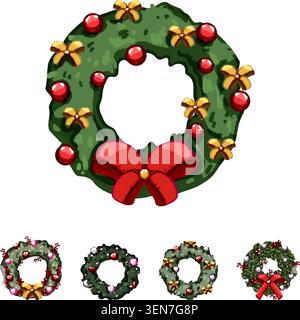Festliche Weihnachtskränze Kollektion mit verschiedenen Designs mit immergrünen Zweigen, roten Schleifen, dekorativen Ornamenten und Beeren, perfekt für Seasona Stock Vektor