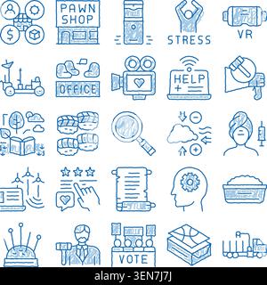 Handgezeichnete blaue Sketch-Symbole, die eine Vielzahl von Konzepten wie Business, Technologie, soziale Themen, Natur und Alltagsgegenstände illustrieren, Stock Vektor