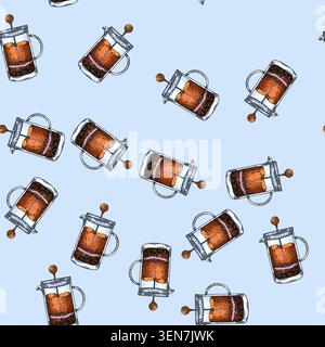 Muster französisch Presse Hand gezeichneter Vektor. Kaffeekaffee machen, Glasmacher, heiße Tasse französisch Presse Skizze Illustration Stock Vektor