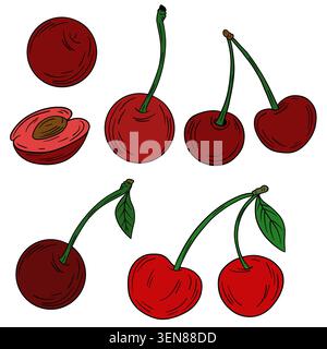 Handgezeichnete farbige Illustration von Kirschen und süßen Kirschen mit frischen roten Früchten mit natürlichen Stielen und grünen Blättern Stockfoto