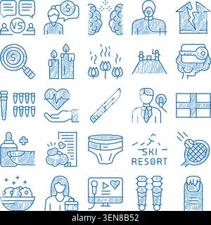 Handgezeichnetes blaues Doodle-Symbol-Set, das verschiedene Konzepte veranschaulicht Finanz, Daten, Reisen, Gesundheit, Lifestyle, Webelemente, Emotionen und Alltagsgegenstände für Stock Vektor