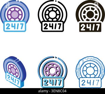 Reparatur von Rädern und Reifen der Edition rund um die Uhr Symbol Vektor. Schild für die rund-um-die-Uhr-Reparatur von Rädern und Reifen. Farbsymbol Stock Vektor