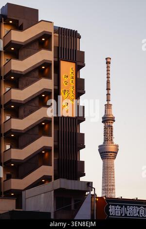 Ein abendlicher Blick auf den Tokyo Skytree erhebt sich vor einem weichen, verblassten Himmel, der von nahe gelegenen Apartmenthäusern eingerahmt wird, wenn das Tageslicht vergeht. Stockfoto
