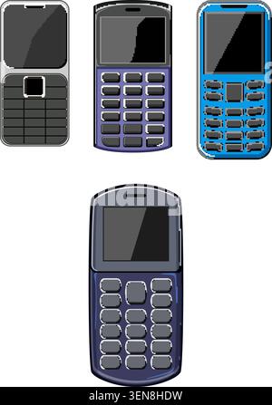Verschiedene klassische Mobiltelefone mit physischen Tastaturen und kleinen Bildschirmen veranschaulichen die Entwicklung der tragbaren Technologie und der klassischen Kommunikation Stock Vektor