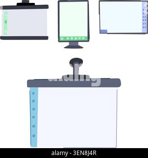 Sammlung von interaktiven Displays und Projektionsleinwände, die Lösungen für Präsentationen, Meetings und hybride Arbeitsumgebungen mit innovati bieten Stock Vektor