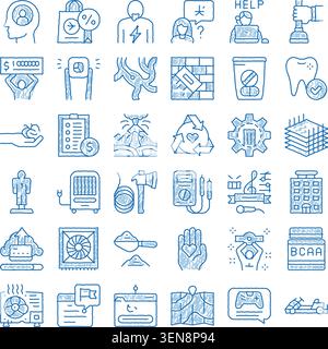 Blaue handgezeichnete Skizzensymbole, die verschiedene Konzepte wie Leben, Finanzen, Gesundheit, Technologie, Natur, Sport- und Alltagsgegenstände erstellen Stock Vektor