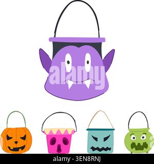 Verschiedene bunte Zeichentrickeimer und Taschen mit lustigen Monstergesichtern und klassischen Kürbis-Designs, perfekt für Kinder, die während der Stock Vektor