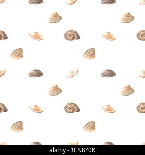 Aquarellillustration: Nahtloses Muster mit Muscheln in natürlichen Beige- und Brauntönen, minimalistisches, spärliches Layout, handbemalt. Mediterraner Stall Stockfoto