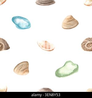 Nahtloses Aquarellmuster mit Muscheln und Kieselsteinen aus Meeresglas, handgemalte Illustration. Mediterraner Küstenstil. Für Tapeten, Textil Desi Stockfoto