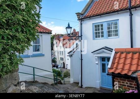 Gassen und Fischerhäuser in Robin Hoods Bay Stockfoto