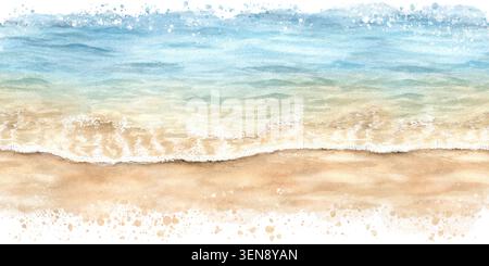 Aquarellfarben nahtloser Küstenrand, Meereswellen und Sand, blauer und beiger Farbverlauf, handbemalt. Küstenstil. Für Kartendekoration, Tapetendesign, Stockfoto
