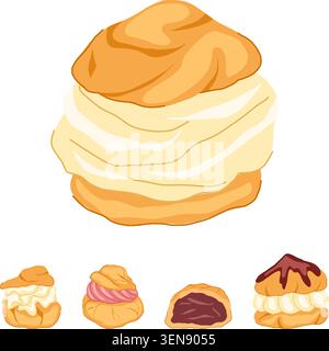 Köstliche, gemischte Choux-Gebäck-Creme gefüllt mit verschiedenen süßen Füllungen und Toppings, bieten eine köstliche Auswahl an köstlichen Leckereien für Sie Stock Vektor