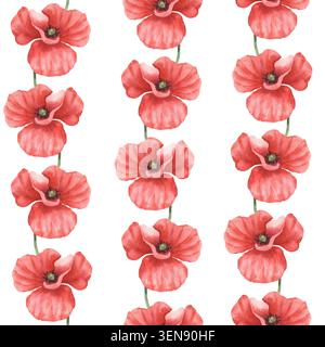 Nahtloses Muster mit wilden Blumen. Rote Mohnblumen. Handgemalte botanische Illustration mit Aquarell. Isoliertes Element auf weißem Hintergrund. Zum Einpacken von Papier, Textilien, Schreibwaren, Sommer-Branding. Stockfoto