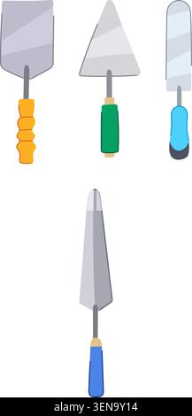 Verschiedene bunte Kellen und Spatel für Mauerwerk, Verputz und Gartenarbeit auf weißem Hintergrund, Werkzeuge für Reparatur, diy, Bau Stock Vektor