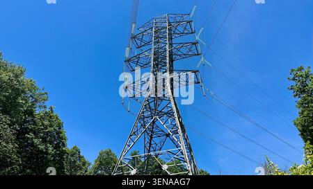 Hochspannungs-Übertragungsturm und Stromleitungen vor einem klaren blauen Himmel, von unten gesehen mit Bäumen um die Versorgungsstruktur. Stockfoto
