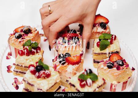 Verschiedene Obstkuchen und Desserts auf Serviertablett. Süße Backwaren für Feiern, Partys und besondere Anlässe aus der Nähe. Stockfoto