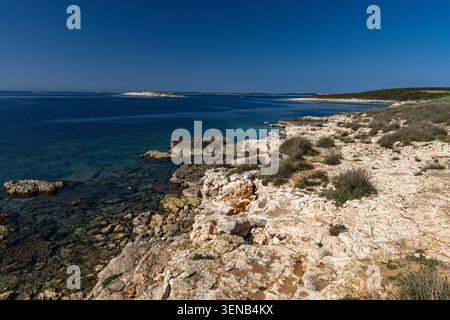 Wunderschönes Küstenpanorama der Insel Levan, Kroatien, umgeben von kristallklarem Adria-Wasser und reicher mediterraner Vegetation. Die felsige Küste Stockfoto