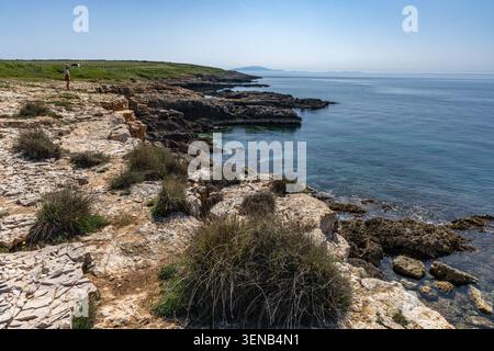 Wunderschönes Küstenpanorama der Insel Levan, Kroatien, umgeben von kristallklarem Adria-Wasser und reicher mediterraner Vegetation. Die felsige Küste Stockfoto