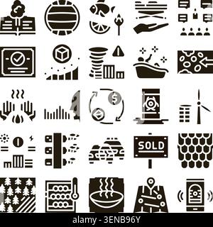 Sammlung von Symbolen für Schwarzweiß-Glyphen, die verschiedene Konzepte in Bezug auf Ökologie, Umwelt, Finanzen, Industrie, Wissenschaft, und Natur, Showi Stock Vektor