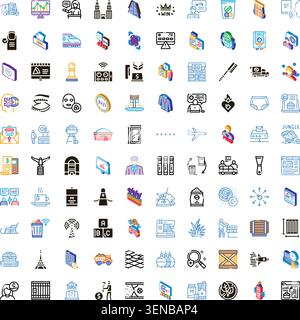 Farbenfrohe isometrische und flache Icons-Kollektion, die Business-, Technologie-, Wissenschafts-, Bildungs-, Transport- und Lifestylekonzepte für Profis, Eve, darstellt Stock Vektor
