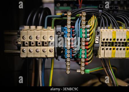 Verdrahtung für industrielle Bedienfelder mit Anschlussklemmenblöcken und Kupferschienen Stockfoto
