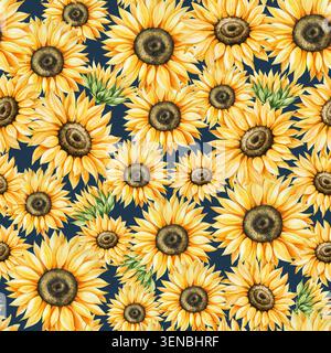Aquarellset mit hellgelben Sonnenblumen in warmen Herbsttönen. Botanische handgezeichnete Illustration isoliert auf Hintergrund. Ideal für die Saison Stockfoto