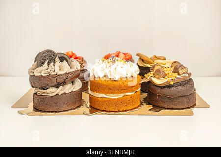 Schokolade und gesalzener Karamellkuchen, dekoriert mit Meersalzflocken, einem Karamellfaden und vielleicht einem Malzschwamm, wo die Aromen und Enhan ergänzen Stockfoto