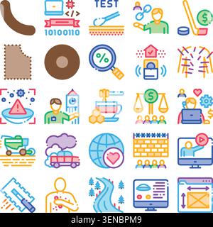 Vielzahl von bunten Vektorlinien Symbole, die verschiedene Konzepte darstellen, einschließlich Programmierung, Tests, Gesundheit, Finanzen, Bildung, Umwelt, Sport, an Stock Vektor
