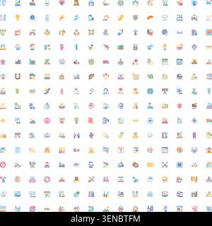 Große Sammlung farbenfroher Pixel Perfect Vektor-Symbole, die verschiedene Themen abdecken, darunter Business, E-Commerce, Technologie, Kommunikation und Lifesty Stock Vektor