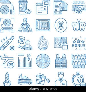 Satz vektorblauer Skizzensymbole, die verschiedene Geschäftskonzepte, alltägliche Lifestyle-Elemente und abstrakte Symbole für unterschiedliche Designanforderungen darstellen Stock Vektor