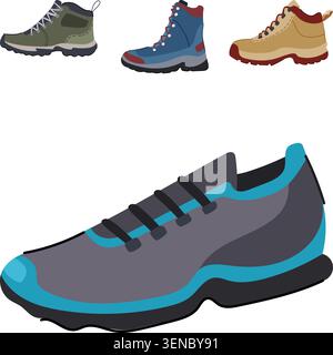 Outdoor-Schuhkollektion mit einer Vielzahl von Geländeschuhen, darunter verschiedene Stile von Wanderschuhen und sportlichen Trailrunning-Schuhen für Stock Vektor