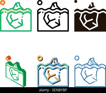 Eisberg im Symbol „Set Ocean Global warm Vector Thin Line“. Iceberg Glob Earth Climate Environmental Problem, Industrial Pollution Linear Piktogramm. Grün Stock Vektor