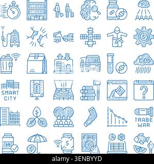 Sammlung verschiedener handgezeichneter blauer Skizzensymbole, die globale moderne Probleme, soziale Probleme, Umweltprobleme, Geschäftskonzepte und darstellen Stock Vektor
