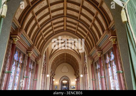 Königswinter, Deutschland - 22. Februar 25: Dekorative Gewölbedecke mit Rippenbögen in der Galerie von Schloss Drachenburg, fotografiert in Königswinter, Stockfoto