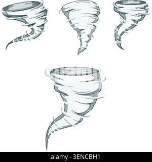 Vier stilisierte graue Tornados erzeugen mächtige Wirbel und symbolisieren damit Naturkatastrophen, mächtige Kräfte und unvorhersehbare Wetterbedingungen Stock Vektor