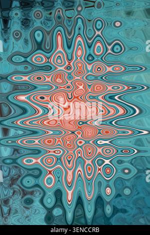 Abstrakte fließende Kunst mit radialem Burst-Muster in Korallenorange und Petrol Blautönen Vollrahmen Textur schöne Kunst Hintergrund dekorativ Stockfoto