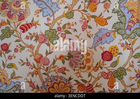 Königswinter, Deutschland - 22. Februar 25: Nahaufnahme eines bunten Blumentapetenmusters im Schloss Drachenburg in Königswinter. Stockfoto