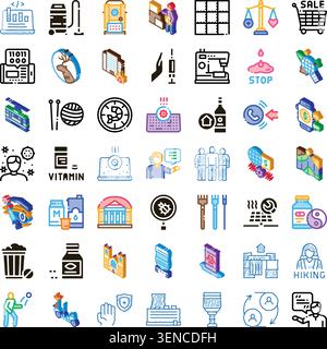 Eine Reihe von Isometrien und Linienkunst-Symbolen, die eine Vielzahl von Branchenkonzepten veranschaulichen, darunter Finanzen, Medizin, Transport, Lebensmittel und Graben Stock Vektor