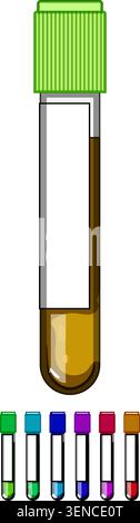 Cartoon der Plasmabutspülflasche. Hämatologie-Zentrifuge, Nadelvenenpunktion, Probenergebnisse Plasma-Bluttest-Fläschchen Zeichen bunte Illustration Stock Vektor