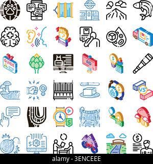 Farbenfrohe umrissene Symbole, die Unternehmen, Kommunikation, Medizin, Lebensmittel, Transport, Natur und soziale Konzepte vielseitige Vektorkollektion für Informationen Stock Vektor